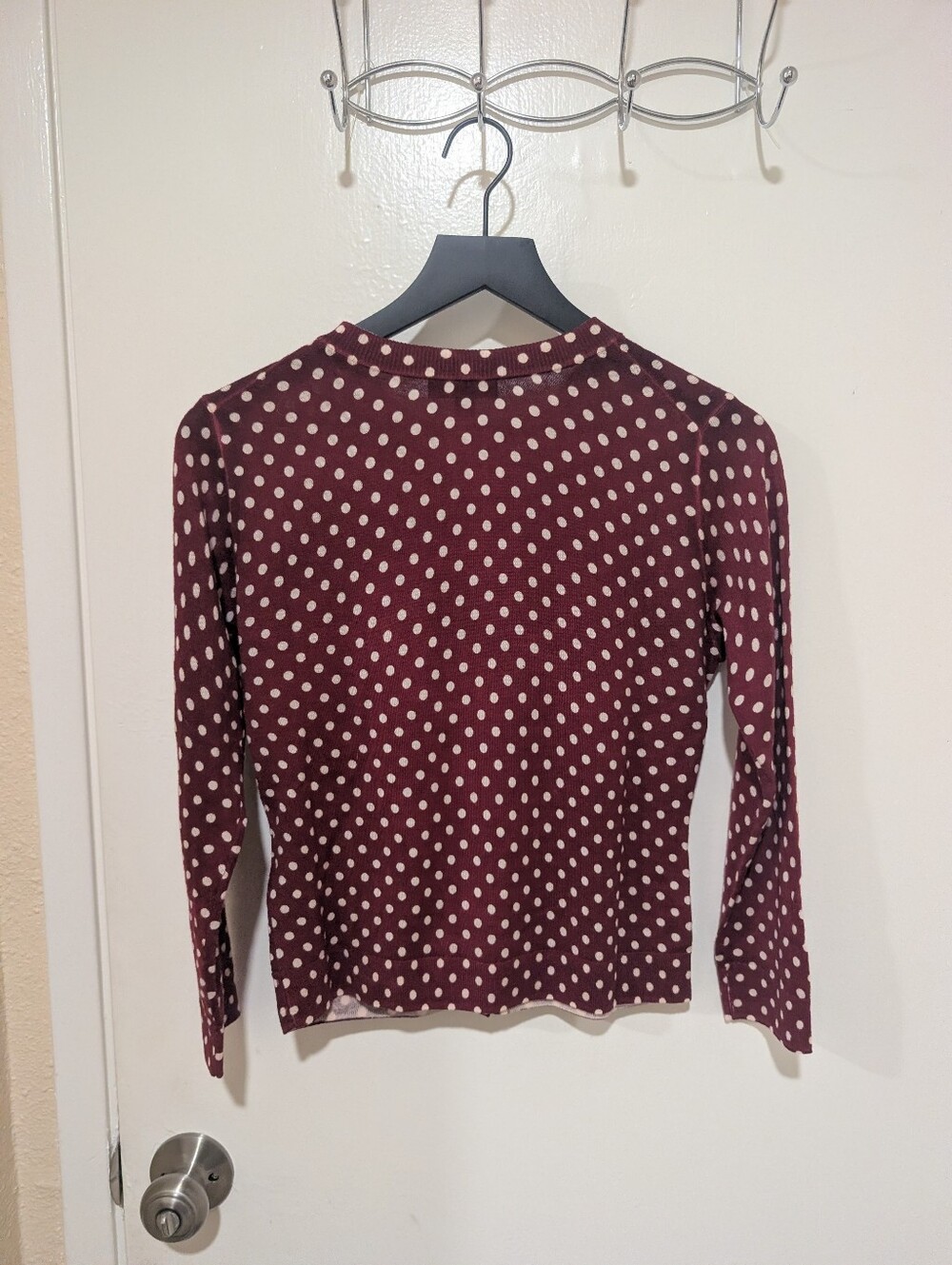 JCrew NWOT Burgundy Carolyn Cardigan In Polka-Dot Merino Wool - Picture 8 of 15